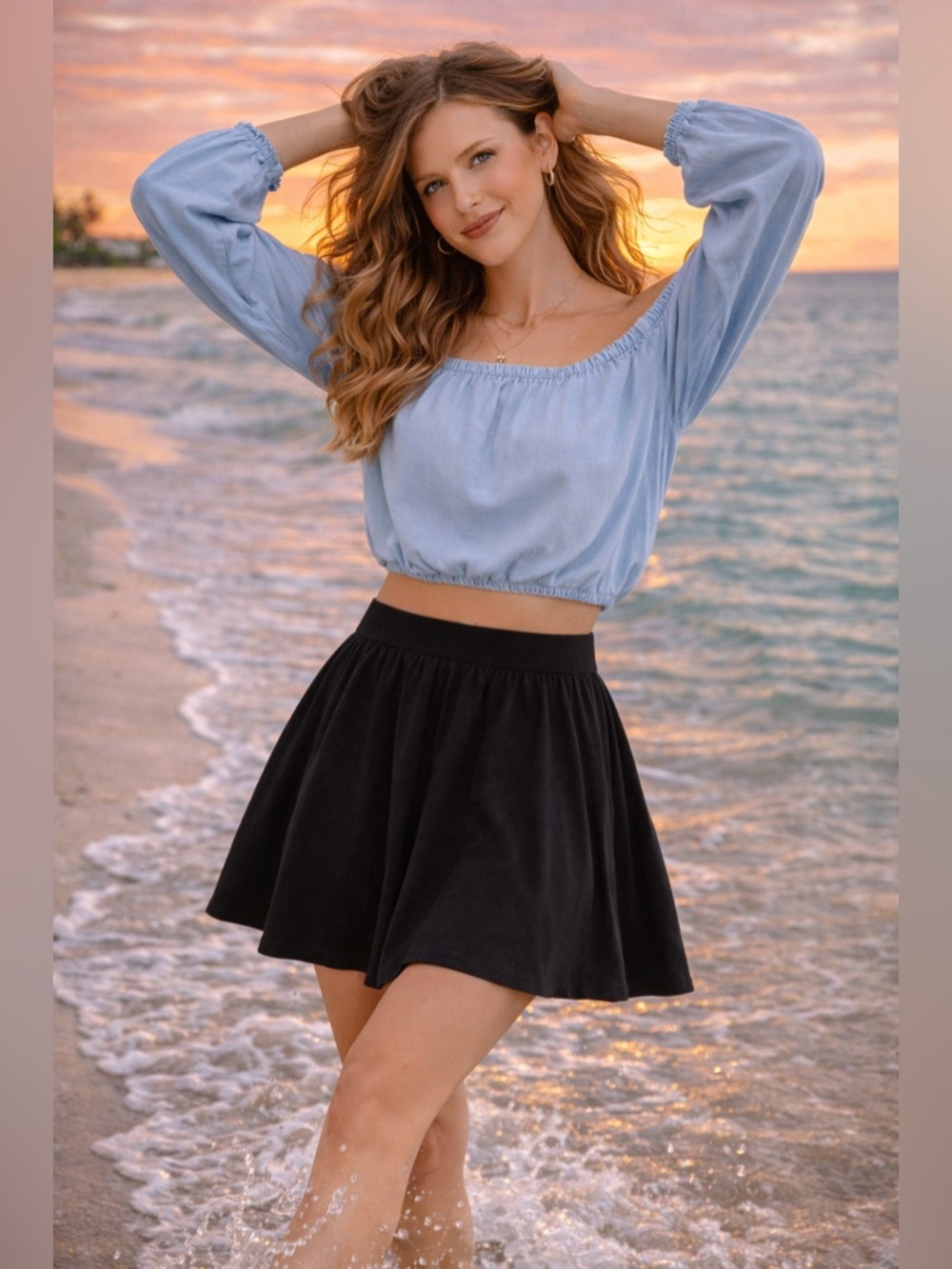 Brandy Melville Matching Set Blue Off Shoulder Top & Black Skirt Small